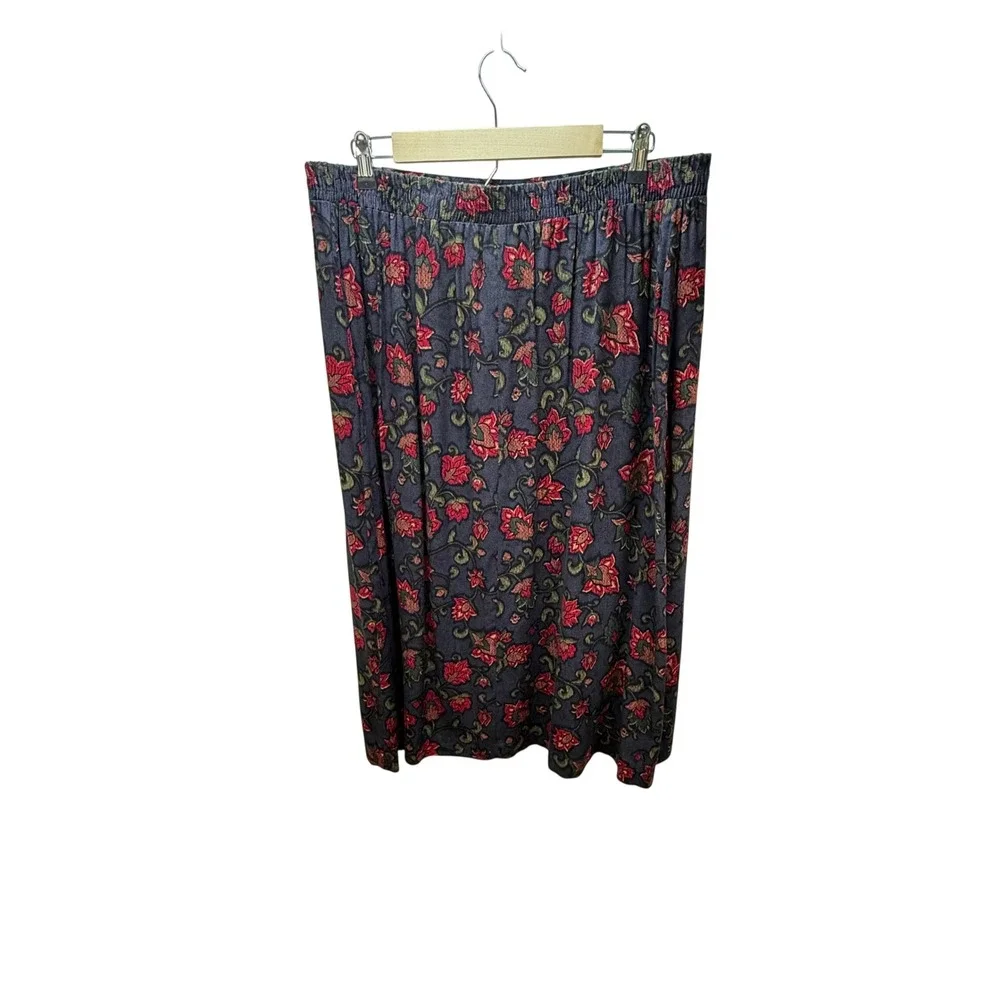 Vintage Panther Midi Skirt 22W USA Made Black Red Floral Elastic Waist 90's